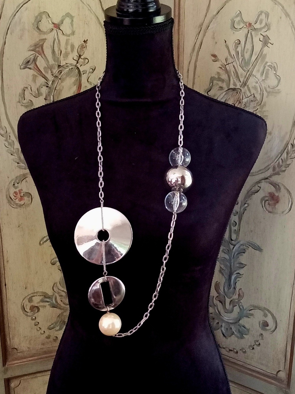Silver Modern Long Statement Necklace with Pearl ,Acrylic and Chrome Accent